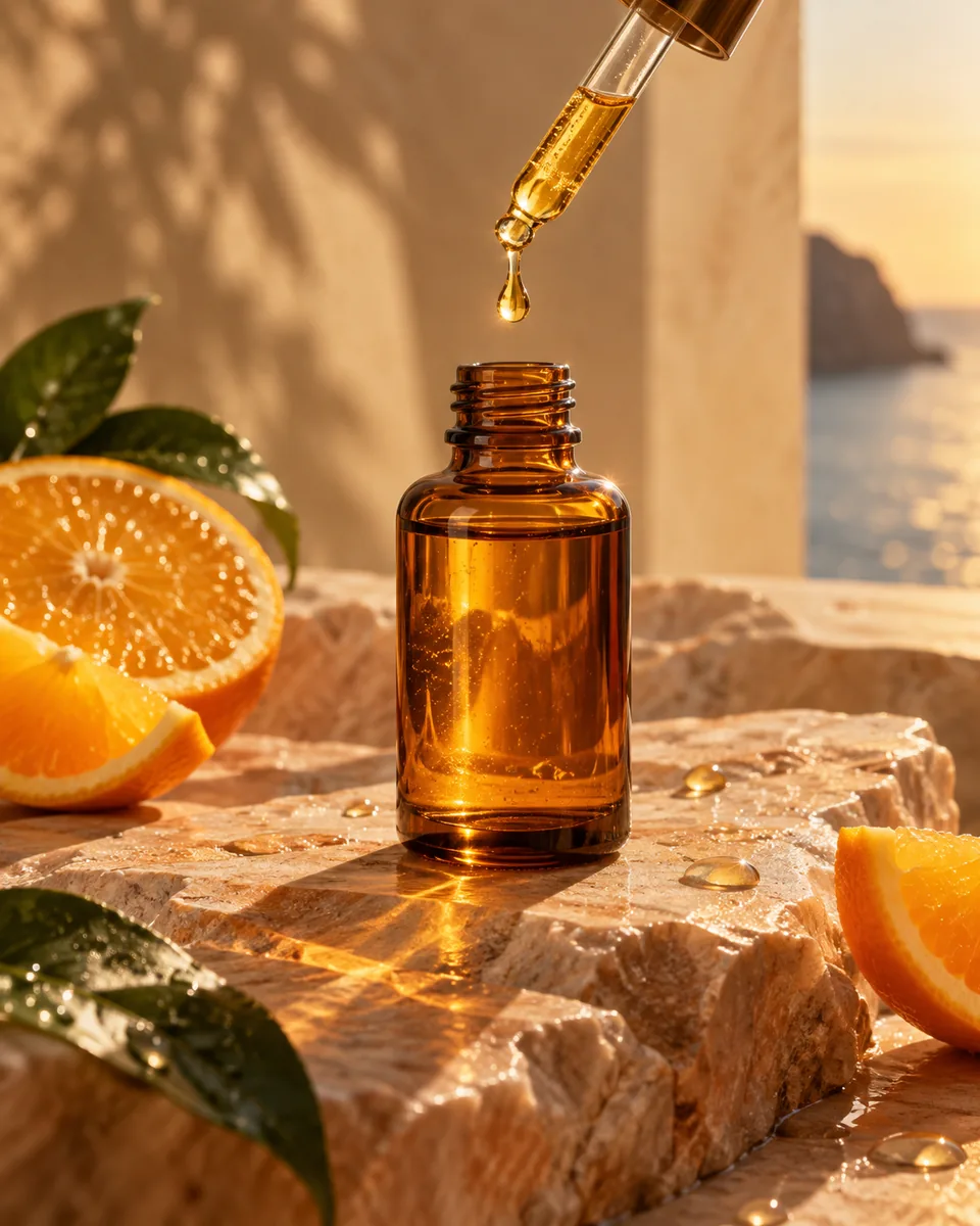 glowlab.skin ad: a serum dropper over an amber bottle and orange&nbsp;slices